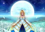  archetype_earth arcueid_brunestud bare_shoulders blonde_hair breasts cleavage detached_sleeves dress field flower flower_field full_moon kotera_ryou long_hair medium_breasts melty_blood moon parted_lips red_eyes solo strapless strapless_dress tsukihime very_long_hair 
