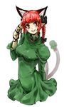 animal_ears braid cat_ears chikuwa_(tks) dress extra_ears green_dress grin impossible_clothes kaenbyou_rin multiple_tails no_legs oekaki pointy_ears red_eyes red_hair ribbon simple_background smile solo tail touhou twin_braids white_background 