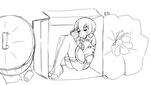 bandages boots box can cardboard_box closed_eyes fate/apocrypha fate_(series) greyscale in_box in_container jack_the_ripper_(fate/apocrypha) kekekeke lineart monochrome short_hair sketch solo thigh_boots thighhighs trash_bag trash_can 