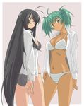  bad_id bad_pixiv_id banzai_nekomimi bikini black_bikini black_hair blue_eyes breasts cleavage dark_skin earrings green_eyes green_hair hair_over_one_eye ikkitousen ikkitousen_great_guardians jewelry kan'u_unchou large_breasts long_hair looking_at_viewer multiple_girls navel open_clothes parted_lips ryofu_housen short_hair simple_background striped striped_bikini striped_swimsuit swimsuit twintails very_long_hair 