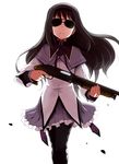  akemi_homura backlighting black_hair grey_skirt gun hairband long_hair magical_girl mahou_shoujo_madoka_magica pantyhose shotgun simple_background skirt solo sunglasses terminator trigger_discipline weapon white_background youkan 