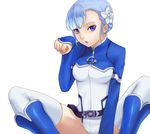  :o aona_(kuuga19yuu) bangs belt blue_footwear blue_hair blunt_bangs boots braid breasts cropped_jacket fin_e_ld_si_laffinty flower french_braid hair_flower hair_ornament knee_boots leotard long_sleeves looking_at_viewer loose_belt medium_breasts open_mouth paw_pose purple_eyes rinne_no_lagrange short_hair sidelocks simple_background sleeves_past_wrists solo spread_legs thighhighs turtleneck white_background white_legwear 