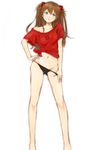  black_panties blue_eyes brown_hair dress_shirt hand_on_hip head_tilt legs long_hair midriff nakasima-syouta navel neon_genesis_evangelion no_pants off_shoulder panties panty_pull shirt simple_background solo souryuu_asuka_langley tied_shirt two_side_up underwear 