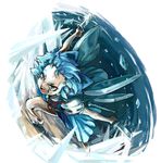  :d bad_id bad_pixiv_id blue_hair chikuwa_(tks) cirno dual_wielding dutch_angle fighting_stance forehead from_above green_eyes holding ice ice_wings knife oekaki open_mouth short_hair smile solo touhou v-shaped_eyebrows wings 
