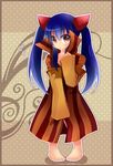  barefoot blue_hair blush brown_eyes cosplay doranbolt_(fairy_tail) fairy_tail fuchise high_collar long_hair mest_(fairy_tail) mest_(fairy_tail)_(cosplay) nervous oversized_clothes oversized_sleeves sleeves_past_wrists twintails wendy_marvell 