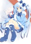  bad_id bad_pixiv_id blue_eyes blue_footwear blue_hair blush boots bow gift hair_bow happy_valentine hatsune_miku highres knee_boots long_hair mittens mode_(mode-n) skirt snowflakes solo twintails valentine very_long_hair vocaloid yuki_miku 