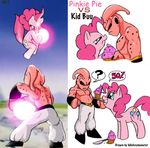  50 ? angry battle blue_eyes crossover cupcake dragon_ball dragon_ball_z equine female feral fight friendship_is_magic hair horse kid_buu male mammal mickeymonster my_little_pony pink_hair pinkie_pie_(mlp) pony red_eyes tail 