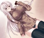 black_legwear black_panties breasts cameltoe chocolate covered_nipples cube_(circussion) elf glasses huge_breasts nipples no_bra original panties pointy_ears red_eyes see-through silver_hair simple_background solo sweater thighhighs thighs underwear valentine 