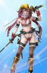  1girl bikini boots cowboy_hat dual_wielding hat kagura oneechanbara pink_hair scabbard sheath solo stampede_string standing swimsuit sword thighhighs twintails weapon 