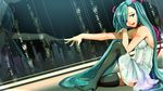  aqua_eyes aqua_hair aquasnow bare_shoulders binary boots dutch_angle hair_over_one_eye hatsune_miku highres long_hair looking_at_viewer open_mouth reflection sitting skirt smile solo thigh_boots thighhighs twintails very_long_hair vocaloid white_skirt zettai_ryouiki 