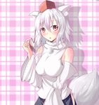  animal_ears bare_shoulders blush breasts detached_sleeves hat highres impossible_clothes inubashiri_momiji looking_at_viewer medium_breasts nicoby open_mouth short_hair silver_hair skirt solo tail tokin_hat touhou wolf_ears wolf_tail 