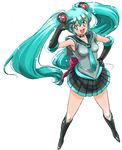  adapted_costume aqua_hair back_bow bad_id bad_pixiv_id bishoujo_senshi_sailor_moon black_gloves boots bow chikuwa_(tks) cosplay elbow_gloves from_above full_body gloves hair_ornament hatsune_miku long_hair necktie pleated_skirt red_bow sailor_collar sailor_senshi_costume sailor_senshi_uniform simple_background skirt sleeveless solo twintails v vocaloid white_background 