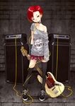  amplifier bad_id bad_pixiv_id bass_guitar black_legwear cable collar earrings engrish fender head_tilt highres instrument jazz_bass jewelry loose_thighhigh maeda_risou mouth_hold off_shoulder original punk ranguage red_eyes red_hair shoes short_hair skirt sneakers solo standing star tattoo thighhighs 