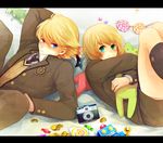  1girl bad_id bad_pixiv_id black_legwear blonde_hair blue_eyes camera candy food green_eyes huang_baoling ivan_karelin kneehighs lollipop marumaru22 necktie robot school_uniform short_hair shuriken stuffed_animal stuffed_bunny stuffed_tiger stuffed_toy tiger_&amp;_bunny toy_robot 