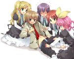  4girls black_hair blonde_hair blue_eyes blush boxers brown_hair closed_eyes cordelia_glauca femdom green_eyes hato37 hercule_barton long_hair multiple_girls necktie open_mouth pants_down pink_hair rat_(milky_holmes) school_uniform sherlock_shellingford short_hair tantei_opera_milky_holmes twintails underwear undressing yuzurizaki_nero 