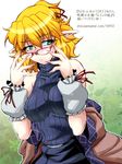  alternate_costume arm_warmers bare_shoulders bespectacled blonde_hair breasts fingernails glasses green_eyes large_breasts long_fingernails mizuhashi_parsee ootsuki_wataru pointy_ears ribbed_sweater sharp_fingernails short_hair sleeveless sleeveless_turtleneck solo sweater touhou turtleneck 