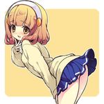  ass bad_id bad_pixiv_id blonde_hair cardigan eyelashes hairband kise_yayoi leaning_forward nanairogaoka_middle_school_uniform precure school_uniform short_hair skirt smile smile_precure! solo white_hairband wind wind_lift yellow_background yellow_eyes yukiwo 