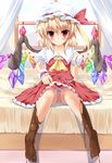  ascot barefoot bed blonde_hair blush bow chocolate chocolate_clothes chocolate_on_foot flandre_scarlet food_as_clothes fujieda_uzuki hat highres panties red_eyes short_hair side_ponytail sitting skirt skirt_lift smile solo striped striped_panties touhou underwear wings wrist_cuffs 
