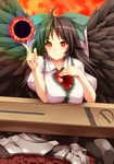  arm_cannon black_sun bow breast_rest breasts brown_hair cape hair_bow highres large_breasts long_hair red_eyes reiuji_utsuho skirt solo sun symbol-shaped_pupils third_eye touhou translated tro weapon 