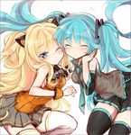  aqua_hair bad_id bad_pixiv_id blonde_hair blue_eyes blush bow bowtie closed_eyes detached_sleeves hatsune_miku long_hair mery_(apfl0515) multiple_girls necktie one_eye_closed seeu simple_background skirt smile thighhighs twintails very_long_hair vocaloid white_background wrist_cuffs 