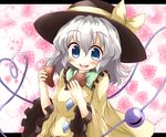  blue_eyes blush broken_heart chocolate chocolate_heart hat hat_ribbon heart heart_of_string komeiji_koishi letterboxed md5_mismatch open_mouth ribbon shirt silver_hair smile solo takatoiyori third_eye touhou valentine 