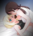 bare_shoulders blonde_hair blue_eyes brown_eyes brown_hair chocolate chocolate_heart collarbone erica_hartmann gertrud_barkhorn girl_on_top hand_in_hair heart lying mouth_hold multiple_girls on_back short_hair sports_bra strike_witches twintails umekichi upper_body valentine world_witches_series yuri 