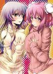  alternate_costume asai_ichiko banana bare_shoulders blonde_hair blush breast_press breasts brown_eyes bun_cover detached_sleeves double_bun food fruit gradient_hair hijiri_byakuren huge_breasts ibaraki_kasen long_hair multicolored_hair multiple_girls no_pants panties pink_eyes pink_hair purple_hair ribbed_sweater sexually_suggestive short_hair sweater symmetrical_docking touhou underwear very_long_hair white_panties 