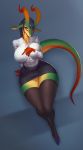  anthro big_breasts breast_squish breasts clothed clothing dragon female hair heatboom horn legwear long_legs miranda_(heatboom) nipple_bulge non-mammal_breasts orange_eyes panties scalie simple_background thick_thighs thigh_highs underwear upskirt wide_hips 