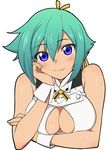  aquarion_(series) aquarion_evol breasts cleavage cleavage_cutout green_hair medium_breasts purple_eyes simple_background smile solo tokita_arumi white_background zessica_wong 