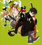  ao_no_exorcist bad_id bad_pixiv_id bag black_hair blue_eyes book boots brothers can candy cat cd cellphone chocolate digital_media_player disc dog earphones eraser food green_background green_eyes highres ipod kuro_(ao_no_exorcist) lollipop male_focus mephisto_pheles okumura_rin okumura_yukio pen pencil phone pocky pointy_ears ruler school_uniform siblings sword tail weapon zakka_(d-o-t) 