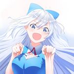  alternate_breast_size alternate_hair_length alternate_hairstyle bad_id bad_pixiv_id blue_eyes blue_hair blush bow breasts cirno cleavage hair_bow large_breasts long_hair open_mouth pointing solo teenage touhou very_long_hair yamada_ranga 