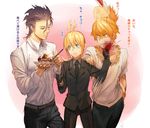  2boys ahoge artoria_pendragon_(all) bad_id bad_pixiv_id black_gloves black_hair blonde_hair blood blood_on_face blue_eyes blush bracelet cake drooling eyelashes fate/zero fate_(series) food formal gilgamesh gloves hand_on_shoulder jewelry kokutan_kitsunen lancer_(fate/zero) mole mole_under_eye multiple_boys necklace necktie pant_suit ponytail punching saber suit translated 