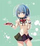  bad_id bad_pixiv_id blue_eyes blue_hair commentary_request flying_sweatdrops german gift hair_ornament hairclip kyabechi mahou_shoujo_madoka_magica miki_sayaka school_uniform short_hair solo valentine 