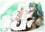 ankle_lace-up chocolate cross-laced_footwear doily dress finger_licking food food_on_face garter_straps garters green_eyes green_hair hair_ribbon hatsune_miku headphones kyougoku_touya licking long_hair panties reclining ribbon solo thighhighs twintails underwear valentine vocaloid 