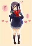 bag black_hair brown_eyes coat eighth_note gift highres k-on! long_hair minimaru musical_note nakano_azusa red_scarf scarf school_uniform solo striped striped_scarf translated twintails 