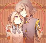  1girl braid brown_eyes brown_hair happy_valentine inazuma_eleven_(series) inazuma_eleven_go intrinsical long_hair purple_eyes red_string ribbon school_uniform shindou_takuto short_hair smile string twin_braids valentine yamana_akane 