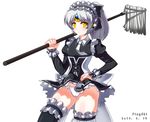  alternate_costume black_legwear corset elsword enmaided eve_(elsword) expressionless frills long_hair maid maid_headdress mop necktie panties pinyshi ponytail skirt skirt_lift solo thighhighs underwear white_background white_hair white_panties yellow_eyes 