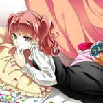  bad_id bad_pixiv_id bed_sheet box candy curtains dress food frilled_pillow frills holding inu_x_boku_ss kishichi lying on_stomach pillow pink_eyes pink_hair roromiya_karuta solo twintails 