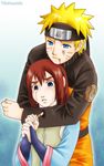  1boy 1girl amaru androgynous blonde_hair blood blue_eyes facial_mark forehead_protector hug hug_from_behind injury knife long_hair mole mutsumix naruto naruto:_bonds naruto_shippuuden red_hair reverse_trap tears tomboy uzumaki_naruto weapon 