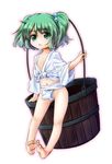  barefoot blush bucket child feet flat_chest front-tie_top fundoshi green_eyes green_hair hair_bobbles hair_ornament japanese_clothes kisume navel shirt solo tec tied_shirt toes touhou twintails wooden_bucket yamakasa 