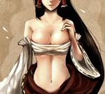  at2. bare_shoulders black_hair breasts chain cleavage collarbone detached_sleeves hair_tubes hakurei_reimu head_out_of_frame large_breasts lips long_hair navel no_shirt older sarashi solo touhou very_long_hair 