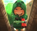  at2. blonde_hair blush bomb cowboy_shot creeparka creeper cupa_(at2.) dynamite gift gloves heart highres hood hoodie incoming_gift looking_at_viewer minecraft personification red_eyes short_hair solo thighhighs valentine 