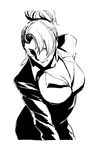  bad_id bad_pixiv_id bangs banned_artist blue_eyes breasts cleavage earrings eyepatch formal greyscale hair_up jewelry large_breasts leaning_forward licking_lips mature_(kof) monochrome pant_suit ponytail s_tanly spot_color suit the_king_of_fighters tongue tongue_out 