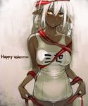  blush breasts dark_elf dark_skin elf flower hair_flower hair_ornament hair_ribbon happy_valentine highres large_breasts long_hair looking_at_viewer namaniku_atk one-piece_swimsuit pointy_ears ribbon sansei_muramasa school_swimsuit solo soukou_akki_muramasa swimsuit valentine white_hair white_school_swimsuit white_swimsuit yellow_eyes 