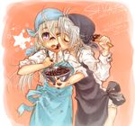  apron blue_eyes blush bowl character_name cheek_licking chocolate chocolate_making closed_eyes copyright_name couple dated eila_ilmatar_juutilainen face_licking head_scarf licking long_hair messy mixing_bowl multiple_girls one_eye_closed ryou_(shirotsumesou) sanya_v_litvyak short_hair silver_hair sleeves_rolled_up spatula star strike_witches tongue valentine whisk world_witches_series yuri 