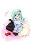  alternate_costume bespectacled black_legwear blush face food frog glasses green_hair hair_ornament heart kochiya_sanae long_hair pantyhose pillow pocky ribbed_sweater skirt snake solo sweater takana_shinno touhou yellow_eyes 