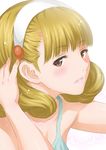  bare_shoulders blonde_hair blush blush_stickers brown_eyes hairband hand_on_own_head joy_ride kise_yayoi looking_at_viewer precure short_hair smile_precure! solo white_background white_hairband 