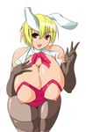  1girl animal_ears bare_shoulders blonde blonde_hair breast_suppress breasts bunny_costume bunny_ears bunny_girl bunnysuit curvy elbow_gloves female gloves huge_breasts nippleless_clothes nippleless_clothing nipples pantyhose red_eyes renges simple_background solo white_background 