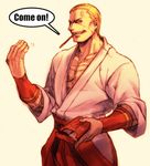  blonde_hair carton dougi fatal_fury food geese_howard hakama itkz_(silentknight) japanese_clothes male_focus mouth_hold pectorals pocky red_hakama solo text_focus the_king_of_fighters vambraces 