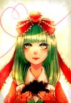  bad_id bad_pixiv_id bow green_eyes green_hair hair_bow hair_ribbon heart kagiyama_hina lips long_hair looking_at_viewer ribbon smile solo touhou upper_body valentine yuura 